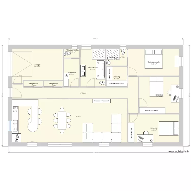 Maison de plain pied 3 chambres. Plan de 