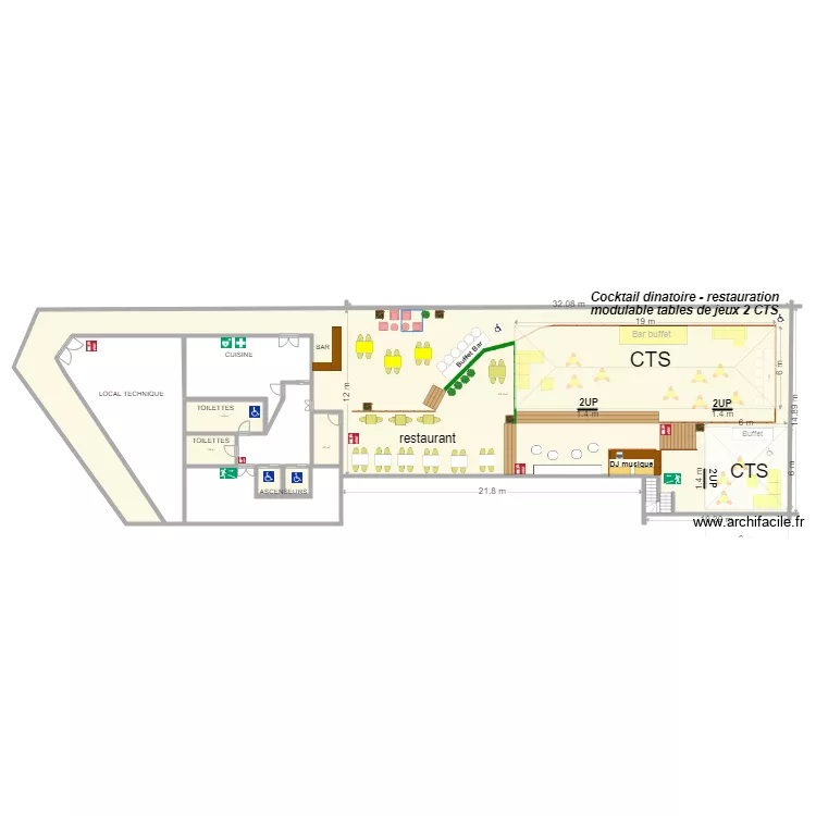 S&eacute;nario restauration cocktail 2 CTS modulable tables de jeux. Plan de 