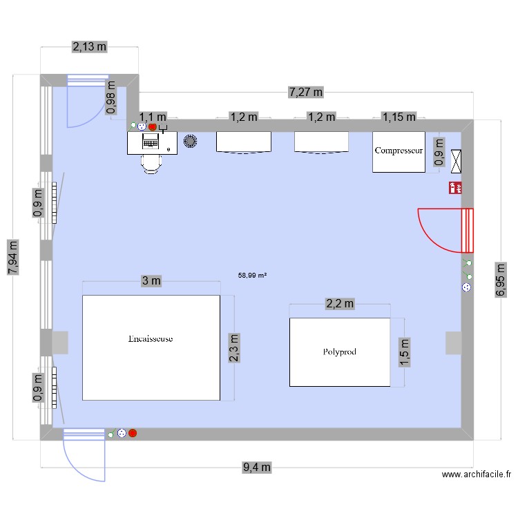 encaissage. Plan de 1 pièce et 59 m2