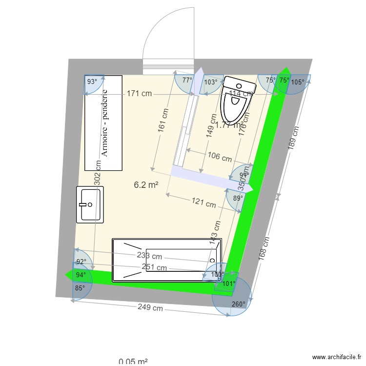 SDB NOVELE APRES. Plan de 3 pièces et 8 m2