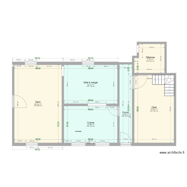 SALON DEAMBULATOIRE INTERIEUR ET COULOIR RDC  ORIGINAL. Plan de 6 pièces et 87 m2