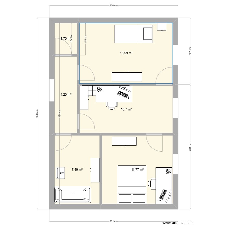 Montpellier 1er etage. V5. Plan de 6 pièces et 50 m2