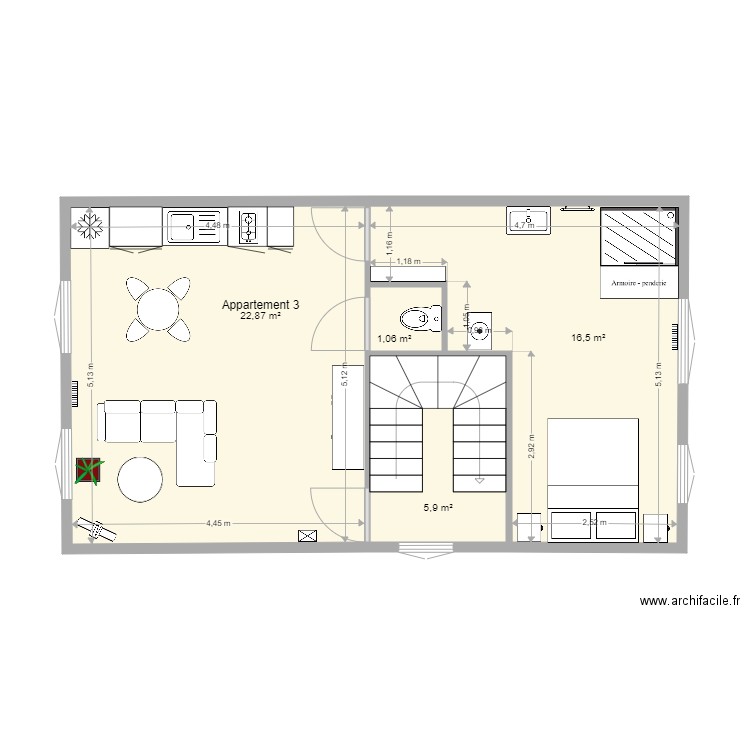 REPUBLIQUE APPART3. Plan de 4 pièces et 46 m2