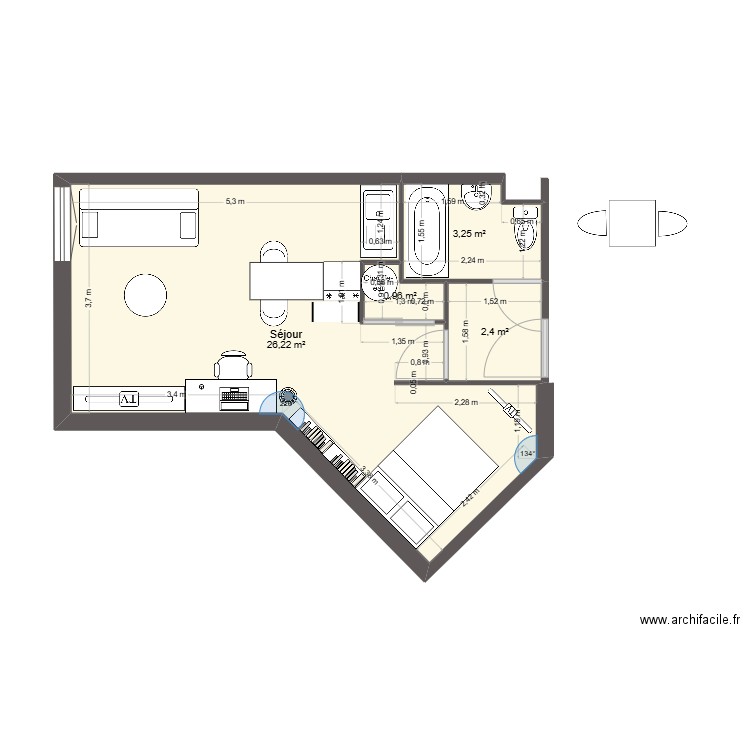 Appartement étudiant. Plan de 4 pièces et 33 m2