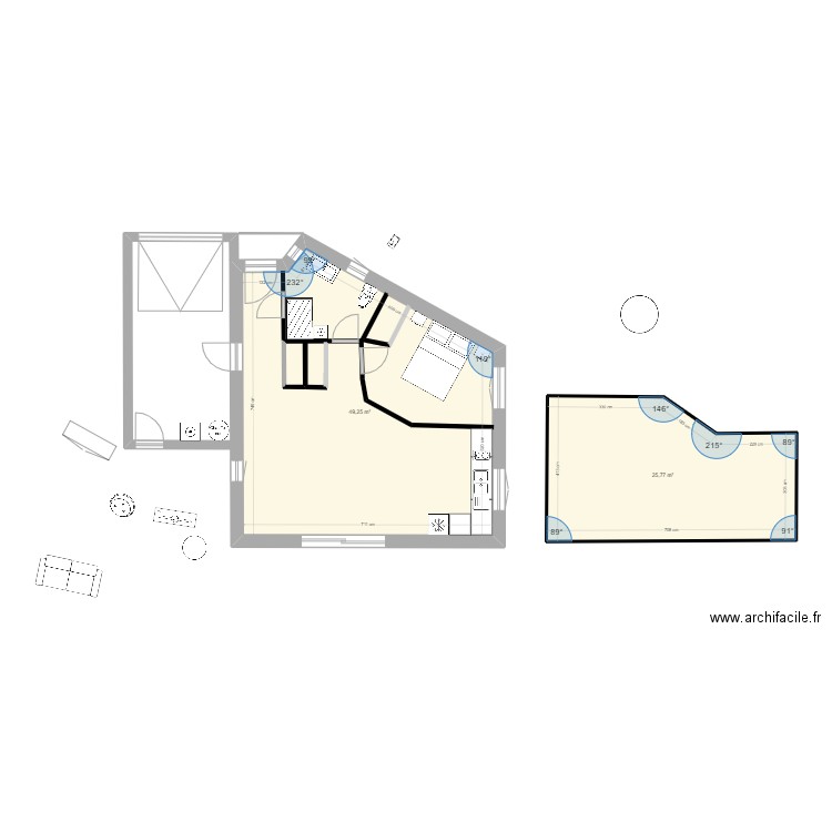 plan 2. Plan de 2 pièces et 75 m2