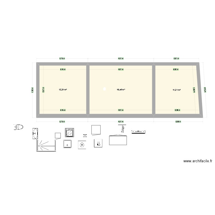 Cotation murs. Plan de 3 pièces et 40 m2