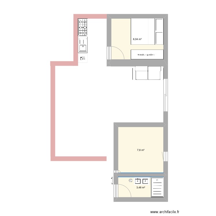 Maison fini 1 SDB. Plan de 3 pièces et 19 m2