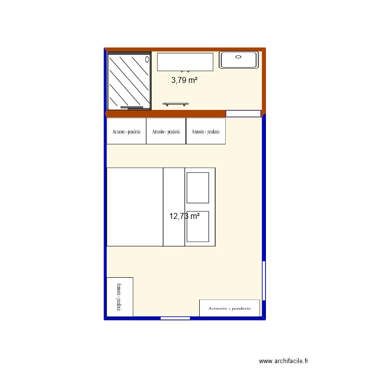 chambre parental. Plan de 2 pièces et 17 m2