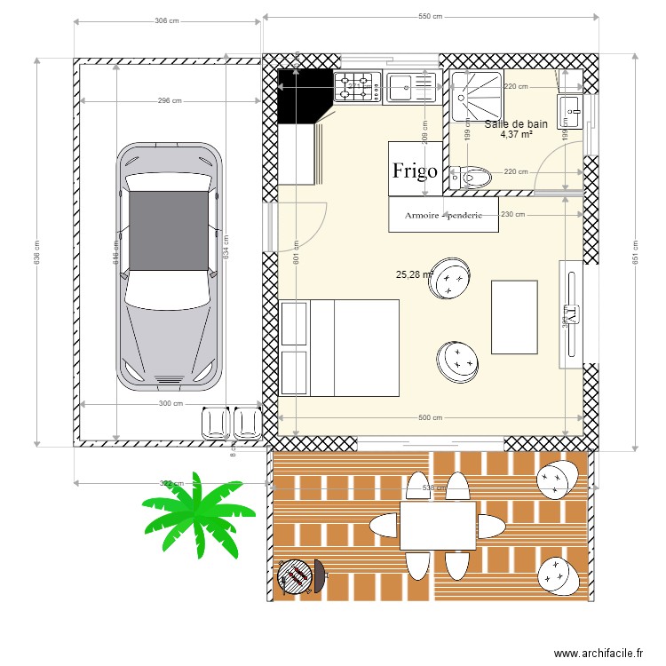 Plan bungalow F1. Plan de 2 pièces et 30 m2