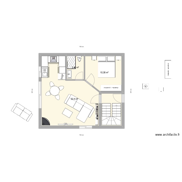 plan_sud_test_2pces_B. Plan de 3 pièces et 46 m2