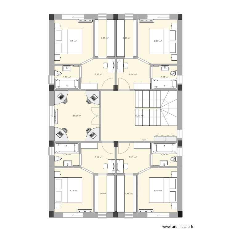 PLN2. Plan de 18 pièces et 115 m2
