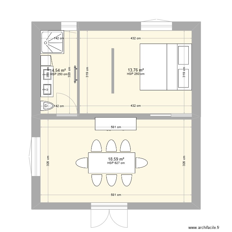 extension. Plan de 3 pièces et 37 m2