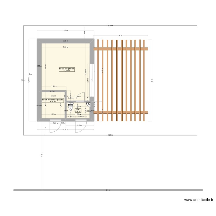 plan local technique avec pergola. Plan de 3 pièces et 19 m2