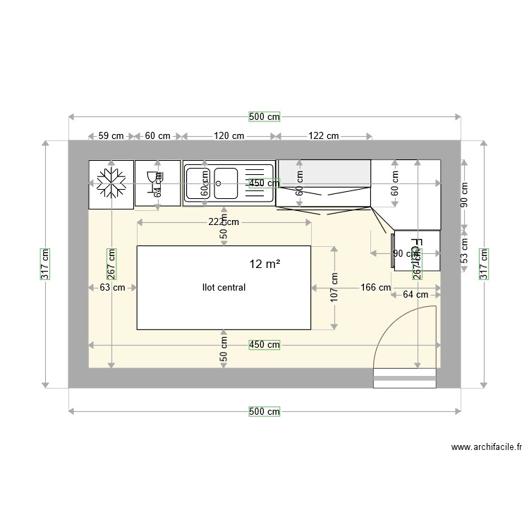 Cuisine ERP. Plan de 1 pièce et 12 m2