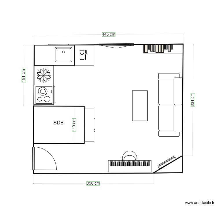 cuisine avec ballon. Plan de 3 pièces et 17 m2