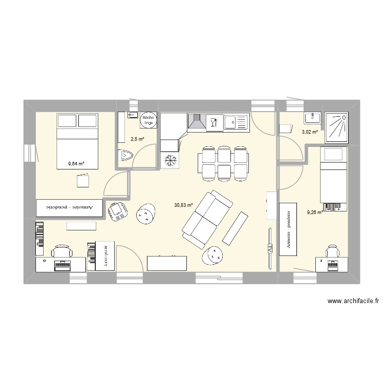 Chambres de chaque côté. Plan de 5 pièces et 55 m2