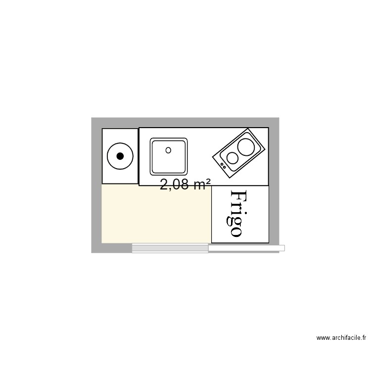 cuisine studiante. Plan de 1 pièce et 2 m2