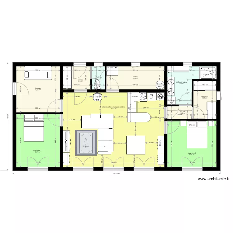 90 M2 plain pied 3 ch. Plan de 