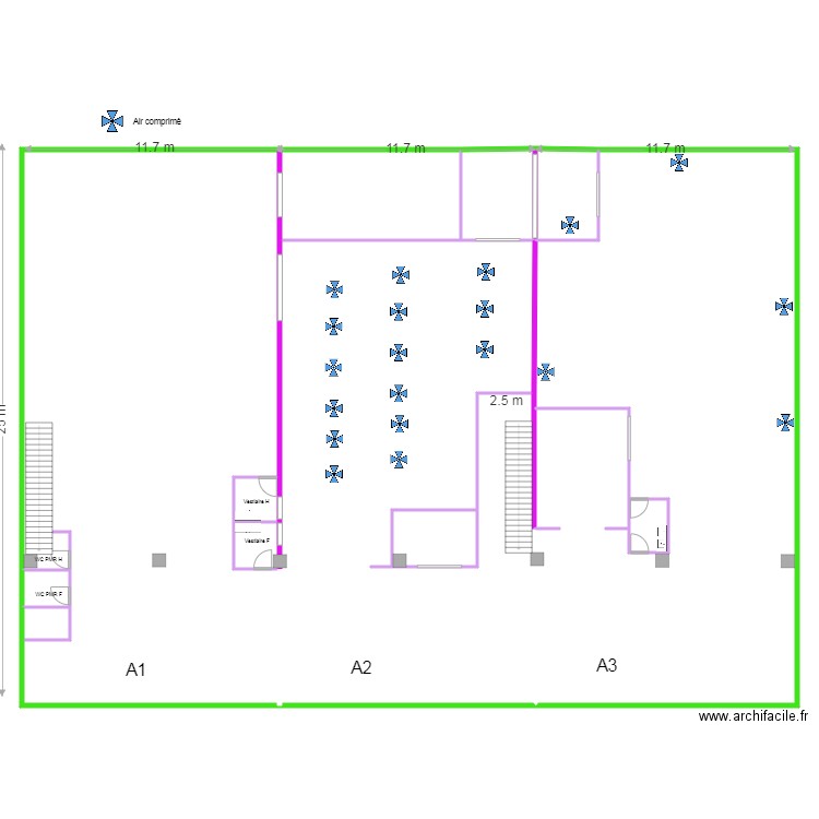 USINE air comprimé. Plan de 28 pièces et 1729 m2