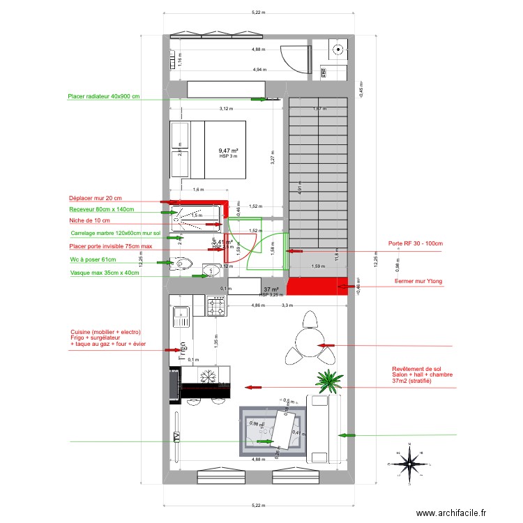 Victoire 52 travaux 2022. Plan de 3 pièces et 52 m2