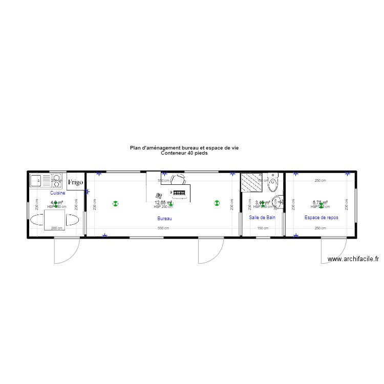 Plans conteneurs 40 pieds_ Espace de vie et bureau. Plan de 0 pièce et 0 m2
