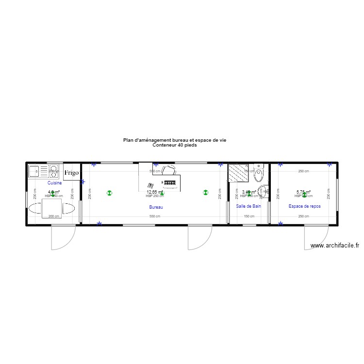 Plans conteneurs 40 pieds_ Espace de vie et bureau. Plan de 4 pièces et 26 m2