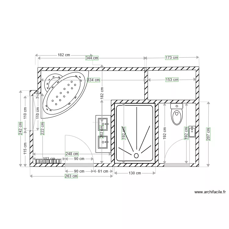 Salle de bains apr&egrave;s travaux cotations. Plan de 