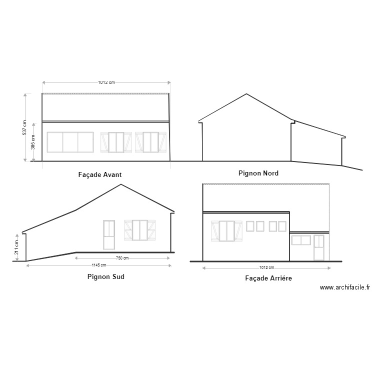 façades avant projet extension. Plan de 9 pièces et 168 m2