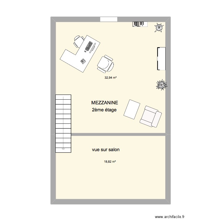 mezzanine . Plan de 2 pièces et 52 m2