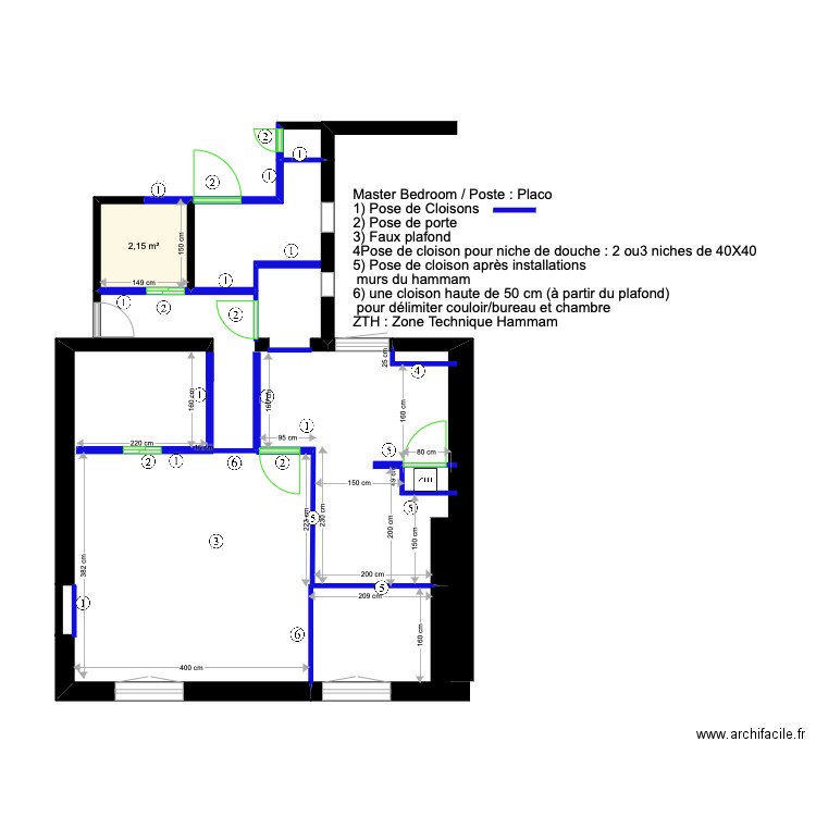 Master BedRoom (poste : Placo). Plan de 1 pièce et 2 m2