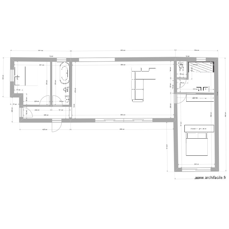 Plan final en L. Plan de 3 pièces et 87 m2