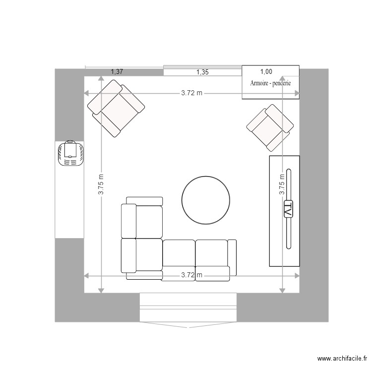amenagement living option A. Plan de 1 pièce et 14 m2