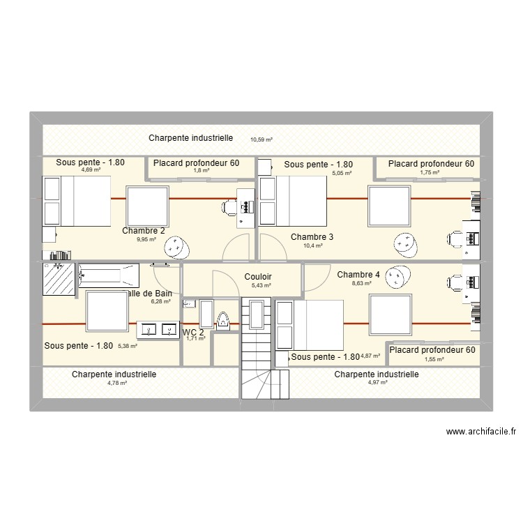 Zeb Etage. Plan de 16 pièces et 88 m2