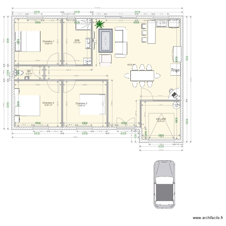 PROJET 1. Plan de 7 pièces et 106 m2