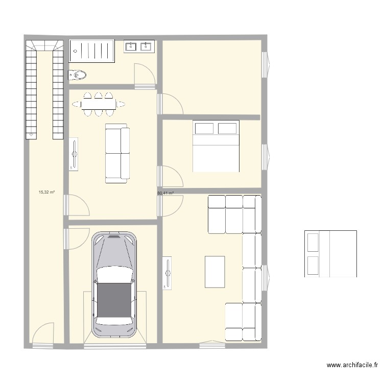 terrain R3 RDC. Plan de 2 pièces et 96 m2