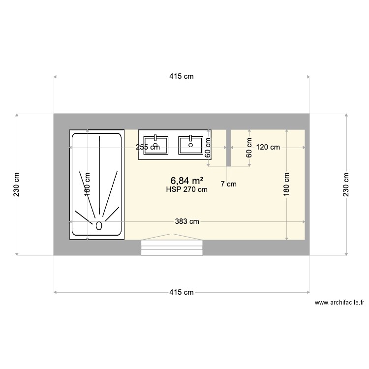 Salle de bain dernier étage BACH. Plan de 1 pièce et 7 m2