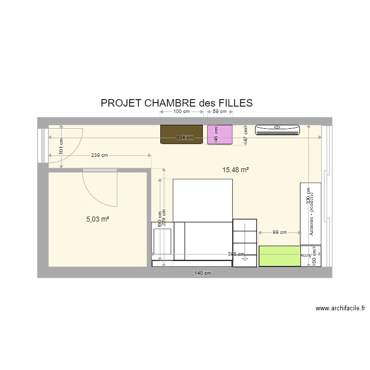 chambre filles version 3. Plan de 2 pièces et 21 m2