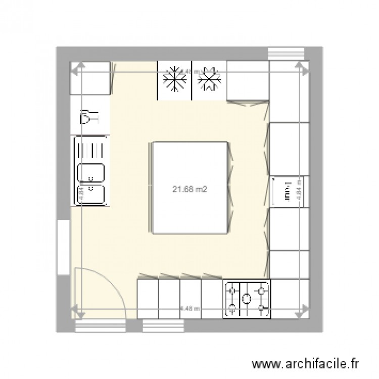 cuisine peche frigo. Plan de 1 pièce et 22 m2