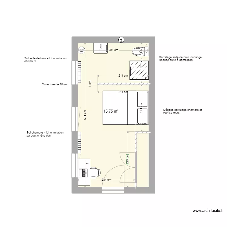 Chambre et salle de bain 1er &eacute;tage c&ocirc;t&eacute; escalier. Plan de 
