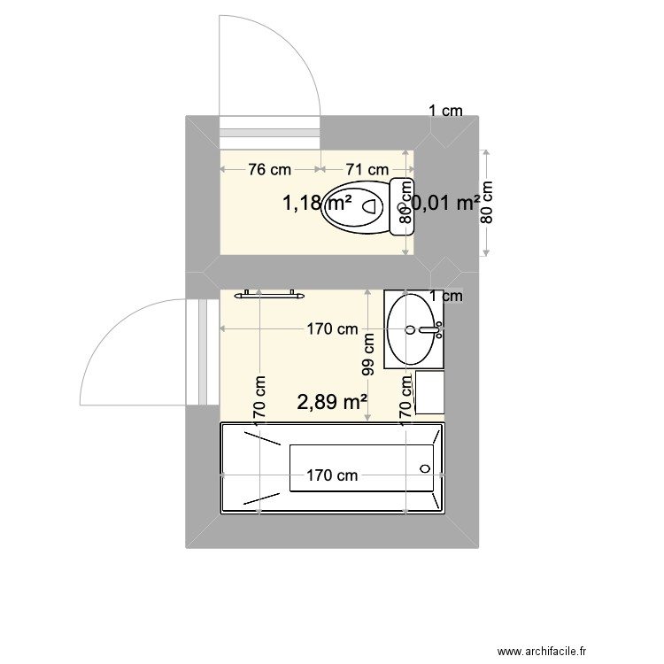 Cauderan Salle de bain WC. Plan de 3 pièces et 4 m2