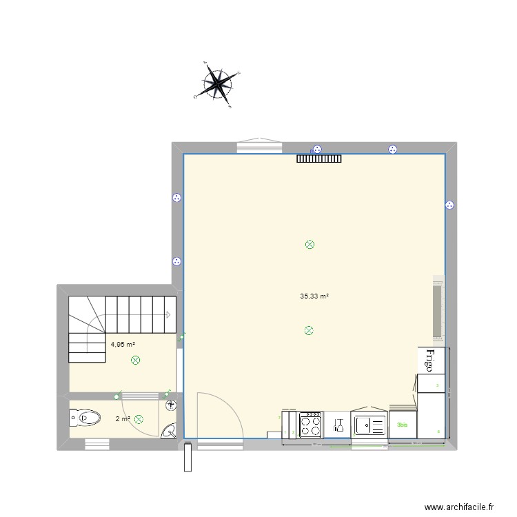 cuisine . Plan de 3 pièces et 42 m2