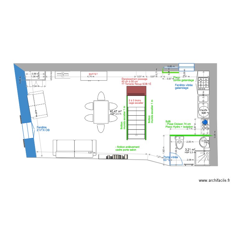 2 EME ÉTAGE  MODIF CLOISON 2. Plan de 2 pièces et 44 m2