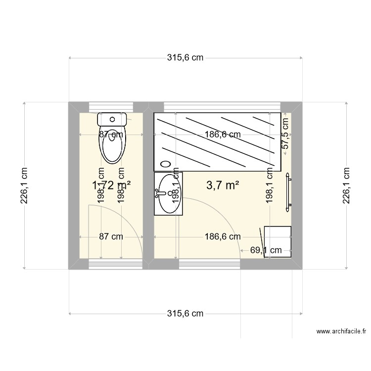 SDBhautP4. Plan de 2 pièces et 5 m2