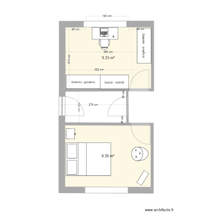 Dressing. Plan de 2 pièces et 19 m2