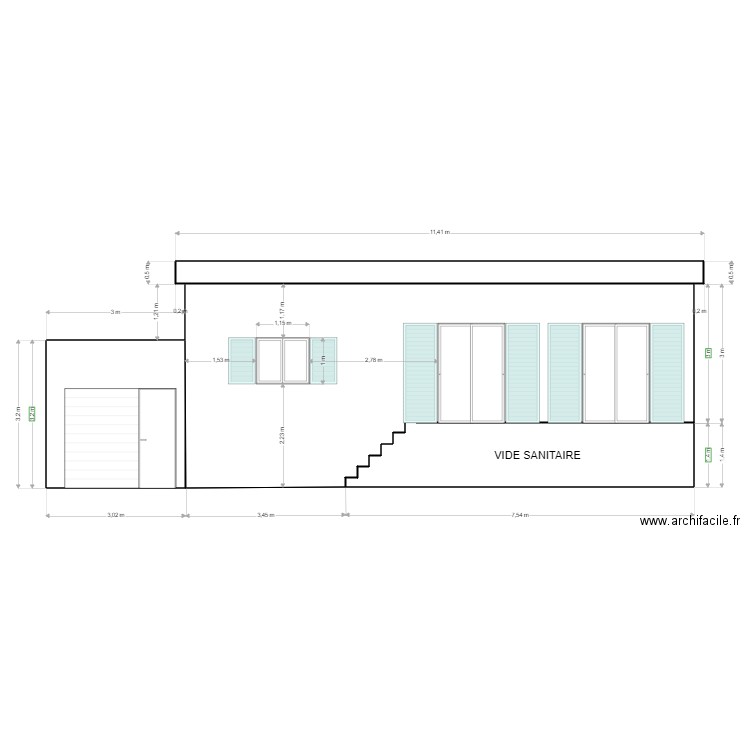 FACADE SUD EXISTANTE. Plan de 3 pièces et 63 m2