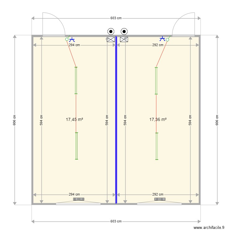 Guest classes avec 1 cloison. Plan de 2 pièces et 35 m2