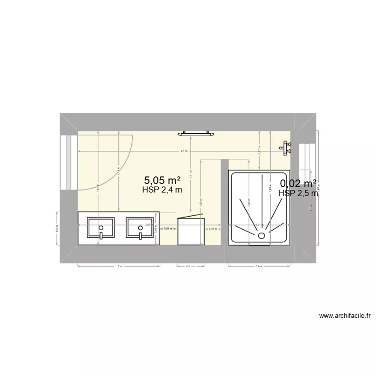 SALLE DE BAIN AVEC DOUCHE. Plan de 2  et 5 m²