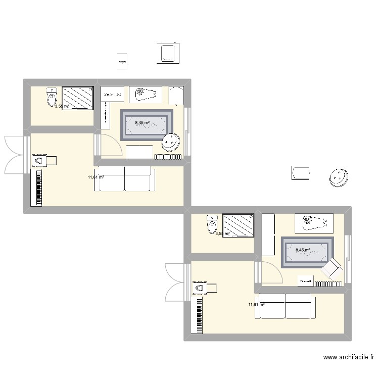 petite chambre. Plan de 6 pièces et 47 m2