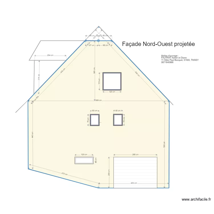 Facade NO projet&eacute;e. Plan de 
