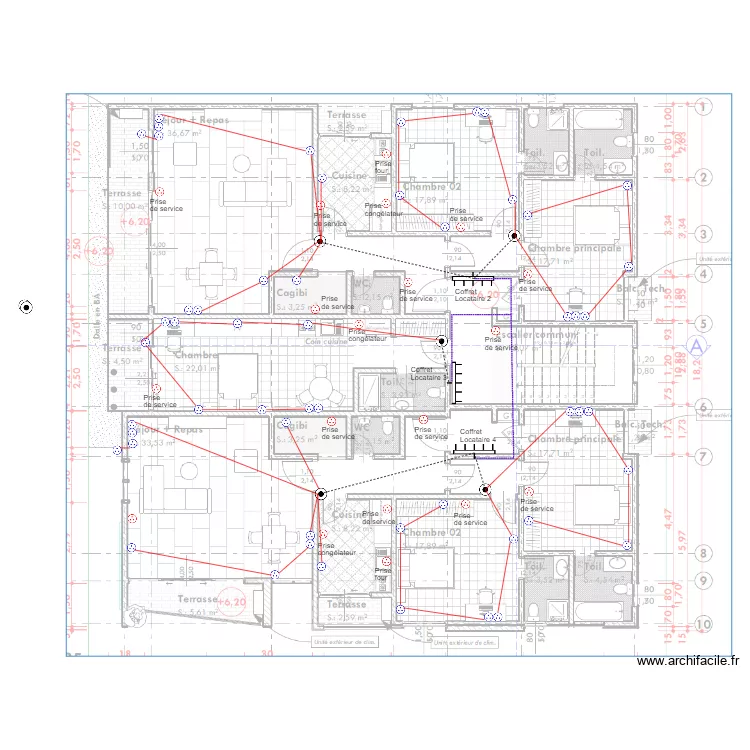 Alimentation prises Etage 2 b&acirc;timent BONADIWOTO. Plan de 0 pièce et 0 m2